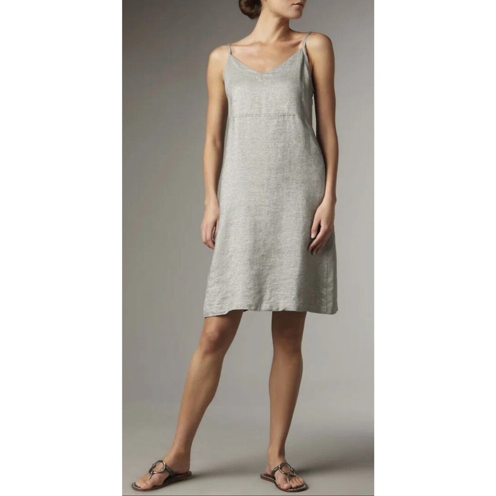 EUC Eileen Fisher Silver Metallic Linen Dress Pockets Adj Strap Sz Small PETITE